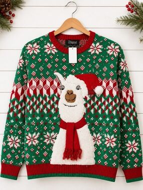 33 Degrees Christmas Llama Ugly Sweater 🎄 Red Green Cotton Size M NWT